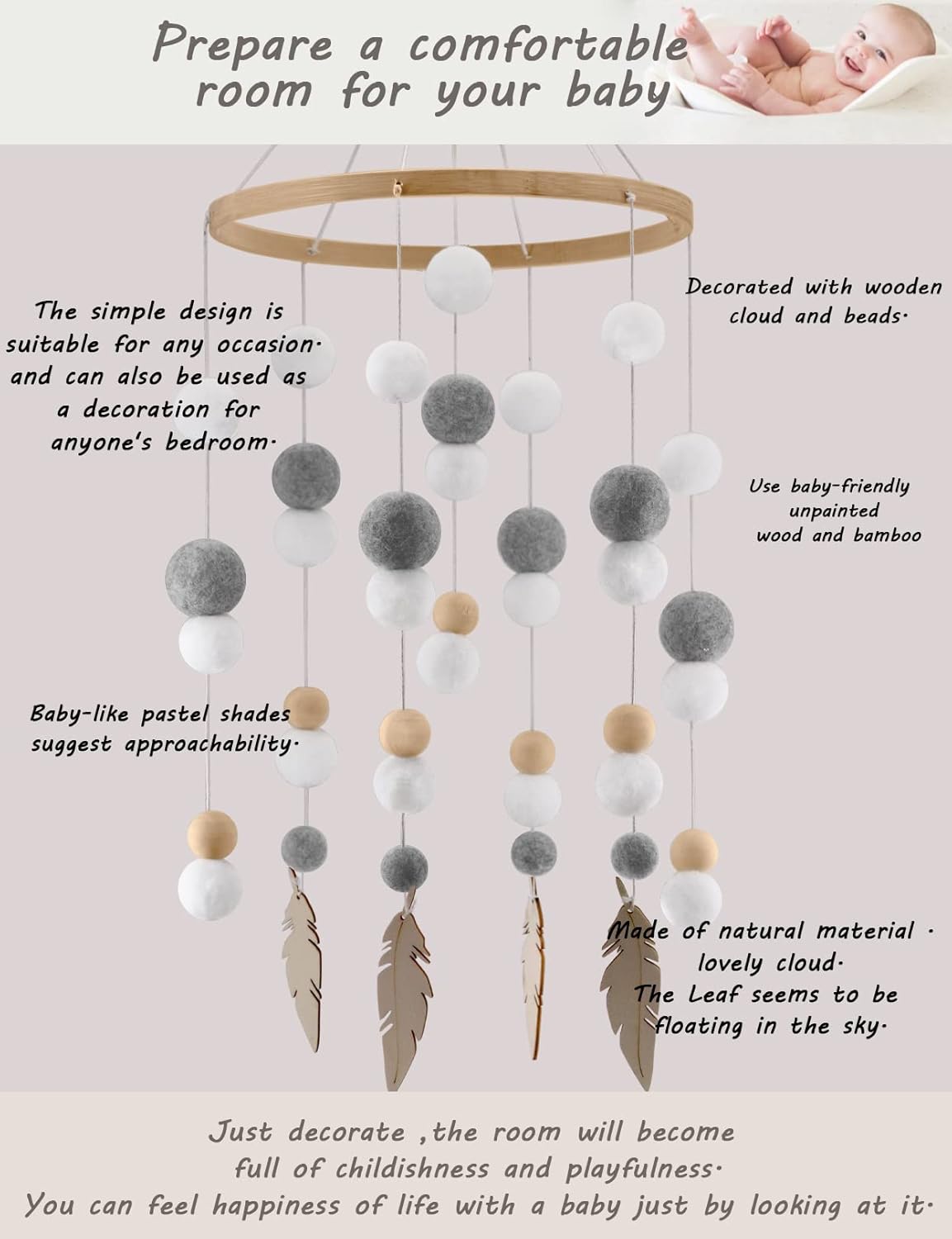 Cuna Baby Mobiles Cama de cuentas de madera para bebés Techo móvil Decorar Colgante Infantil Enfermería (Circular-Blanco Gris Verdura)