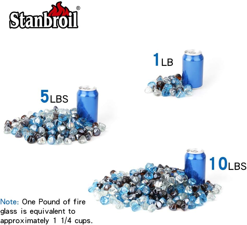Stanbroil Diamantes de vidrio de fuego mezclados de 10 libras, vidrio de fuego de 12 pulgada mezclado con azul caribeño, hielo de cristal, brillo