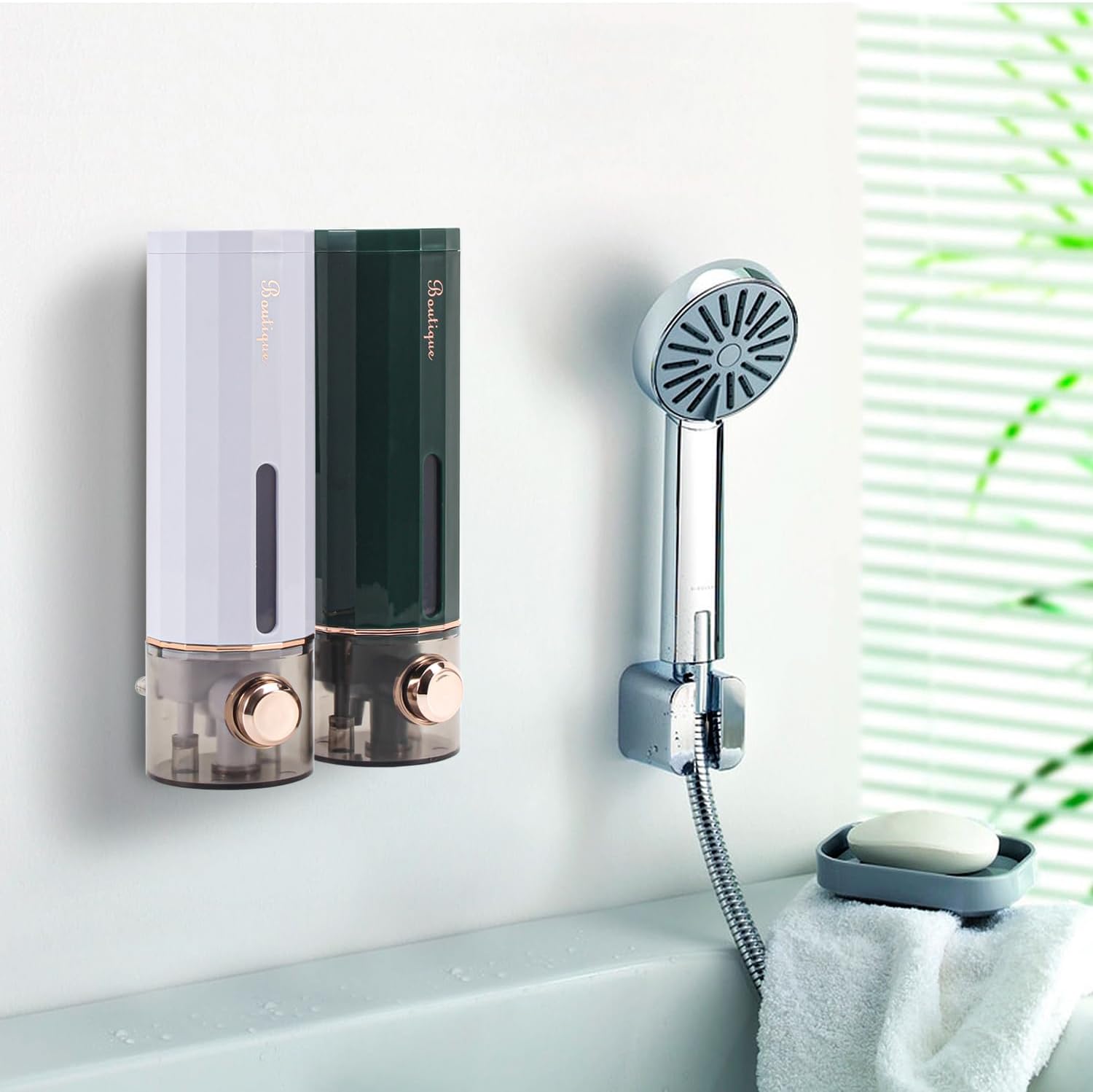 Dispensador de ducha de montaje en pared sin taladro, 15 onzas líquidas, para champú, jabón y acondicionador, ideal para hoteles comerciales,