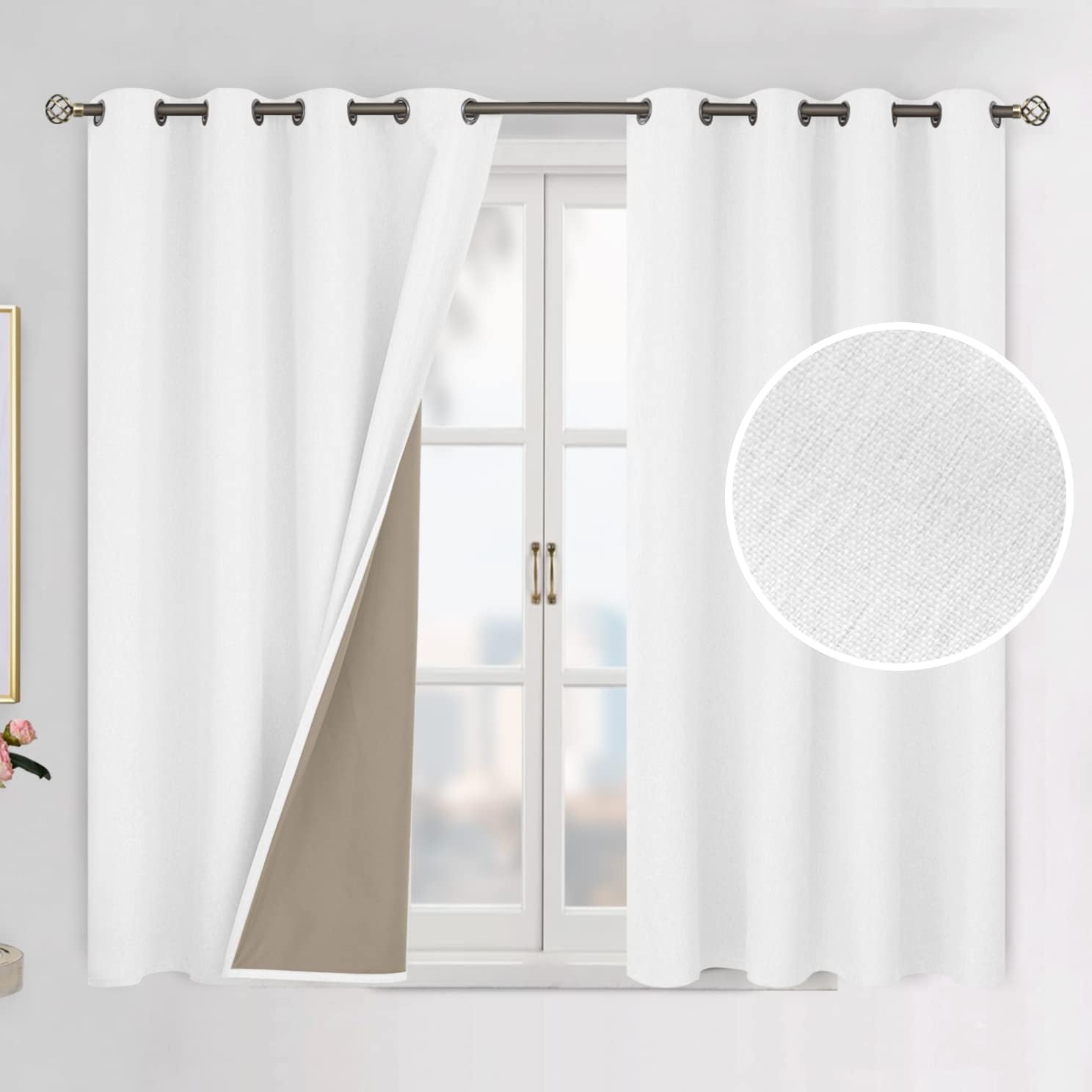 BGment Cortinas opacas blancas puras de 54 pulgadas de largo para dormitorio, juego de 2 paneles, aislamiento térmico con textura de lino, cortinas