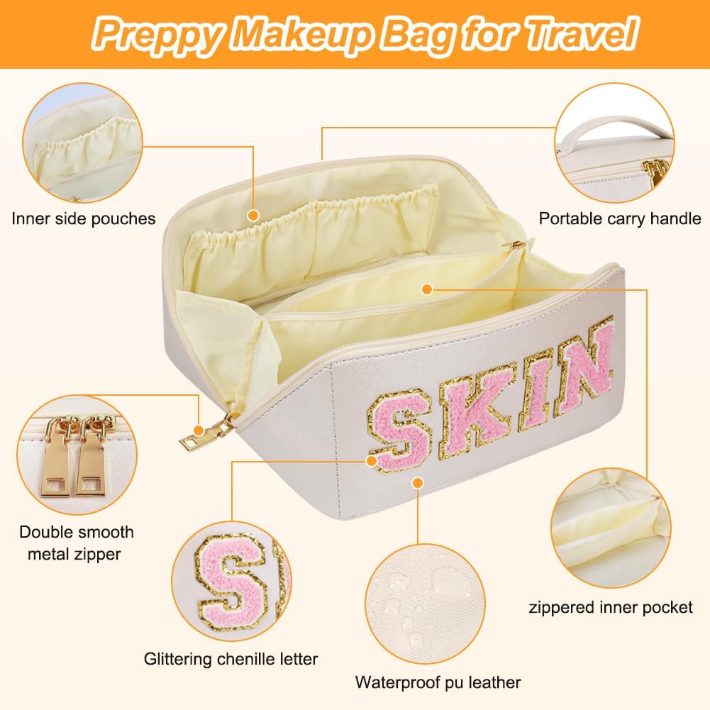 Bolsa de cosméticos de viaje de gran capacidad, bolsa de maquillaje con letras de chenilla, bolsa de maquillaje de piel sintética, organizador plano