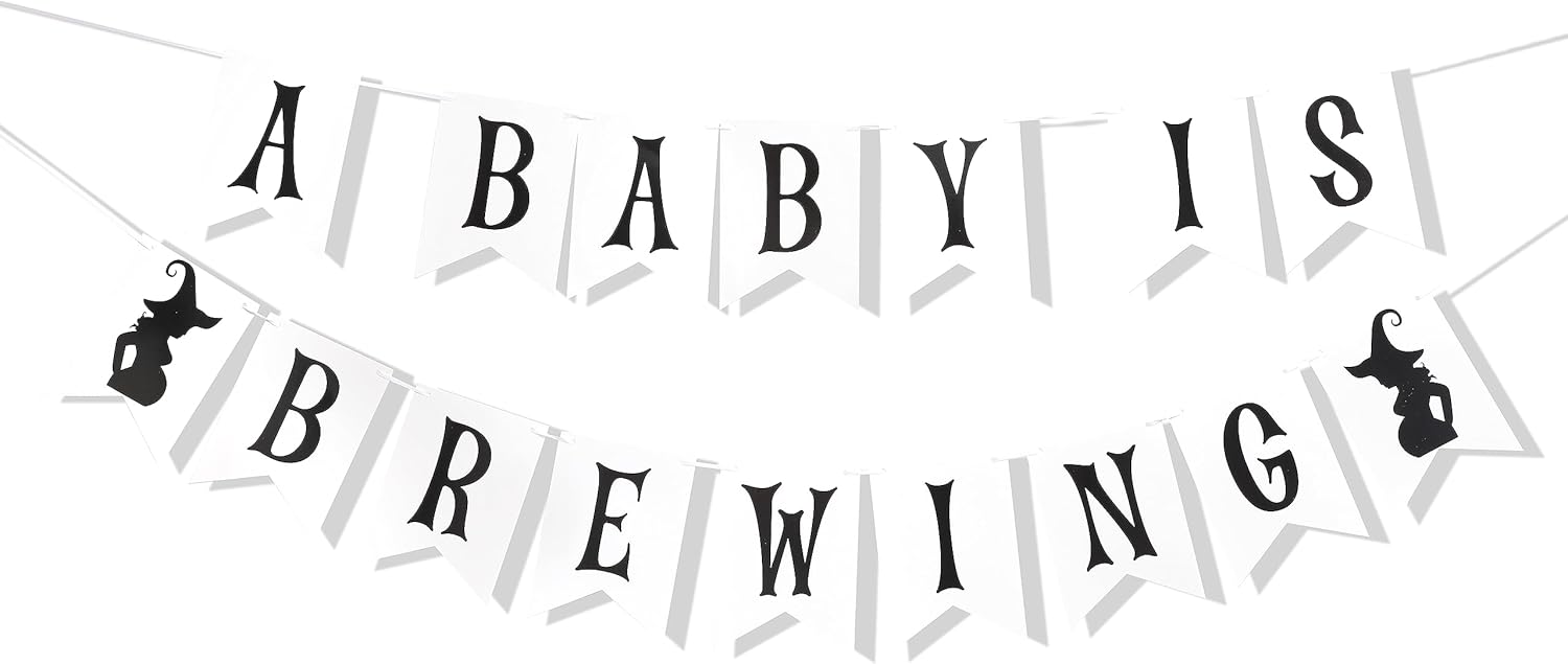 Pancarta sorpresa de fiesta con texto en inglés “A Baby is Brewing”, revelación de género para decoración de Halloween, baby shower, revelación de
