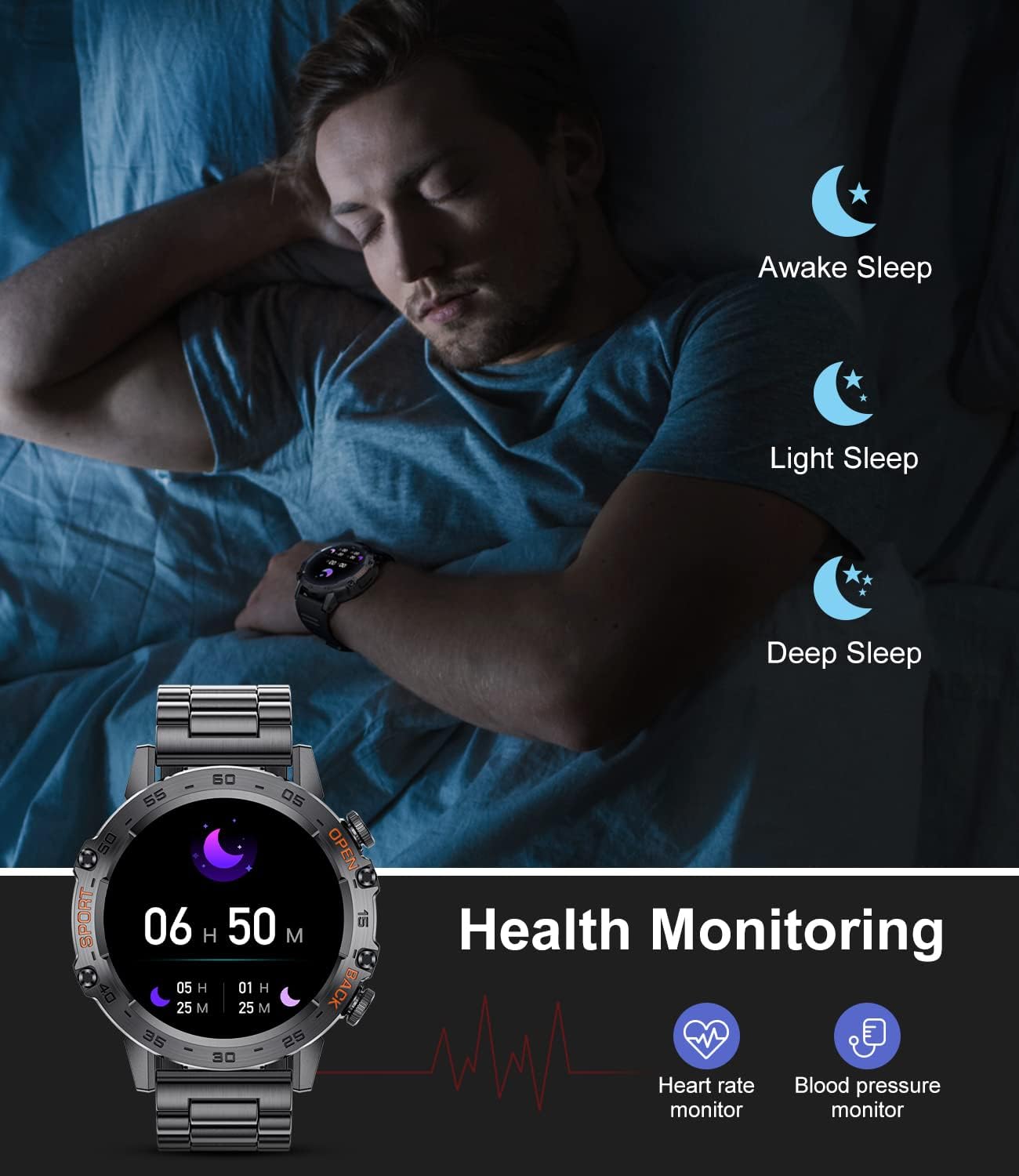 Reloj inteligente militar para hombre, batería larga de 400 mAh, reloj inteligente resistente con llamada Bluetooth, rastreador de actividad física