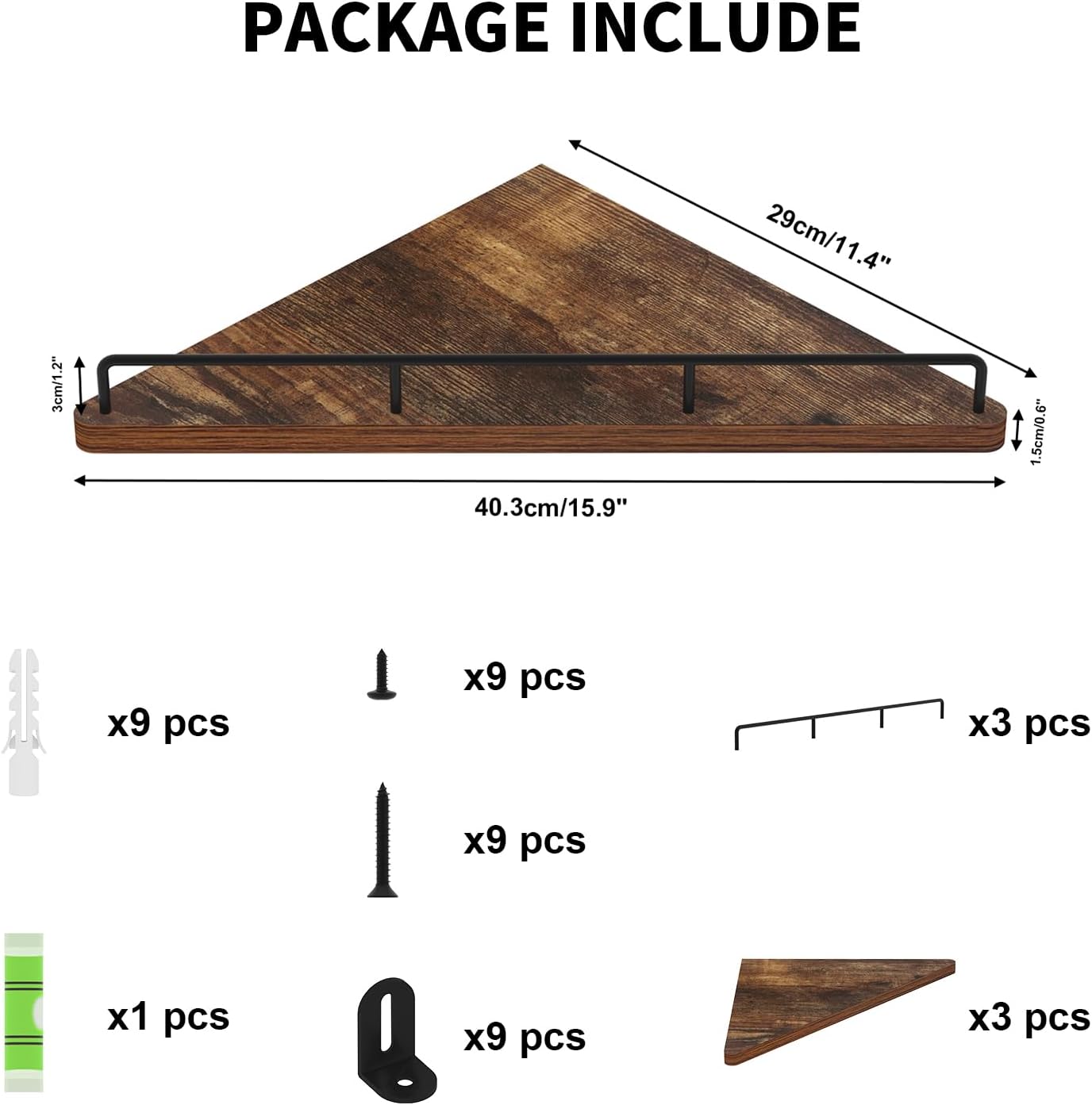 Trwcrt Juego de 3 estantes de esquina flotantes para montaje en pared, estantes de almacenamiento de pared de madera rústica para dormitorio, sala