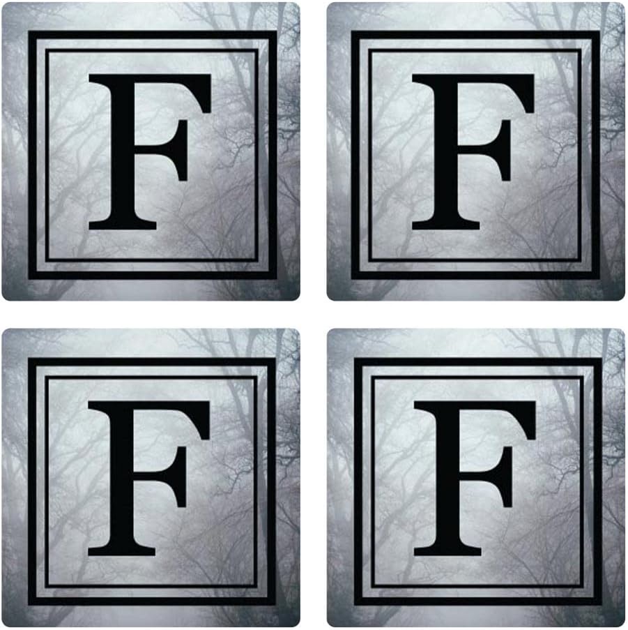 F – Letras de árbol gótico, decoración del hogar Joyride, 4 posavasos de cerámica, posavasos cuadrados de 4 pulgadas, juego de 4, parte trasera de