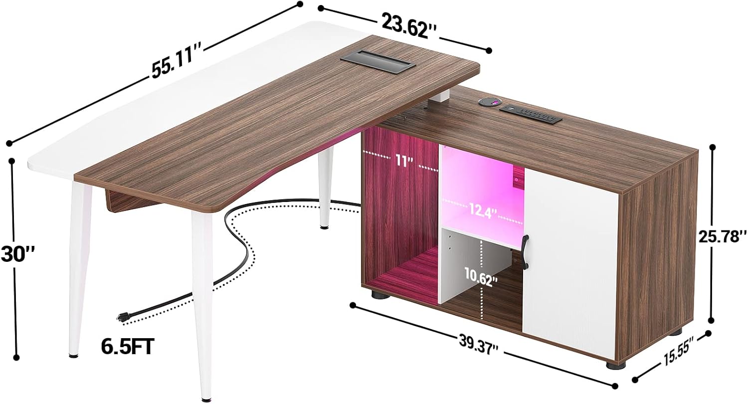 Unikito Escritorio para computadora de 55 pulgadas con gabinete, escritorio grande en L con LED y estación de carga, escritorio de oficina en casa