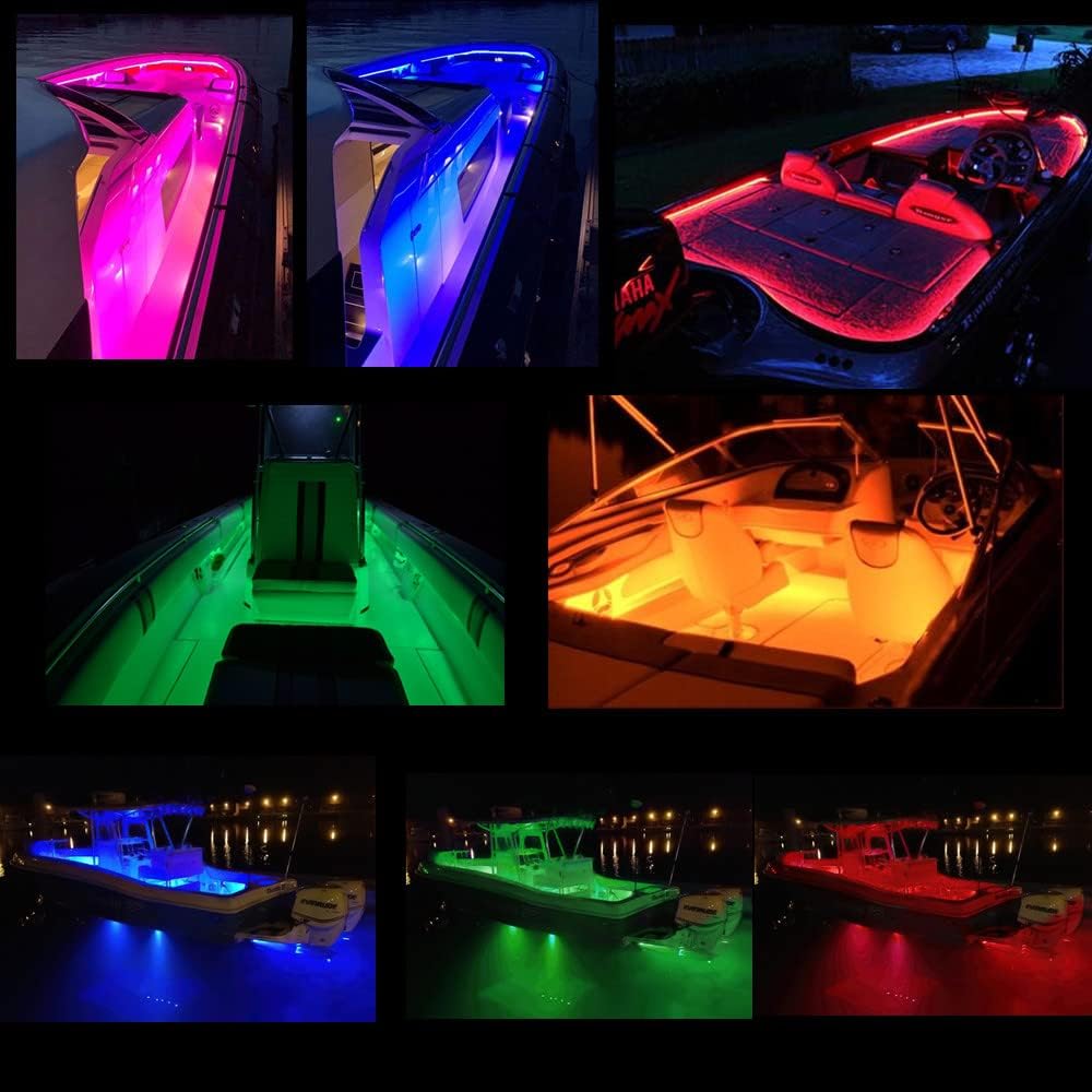Luces LED de barco de 55 pies, 12 V APP RF control remoto pontón, luces de tira marina RGB impermeable IP66, luz interior de barco, luz de cubierta
