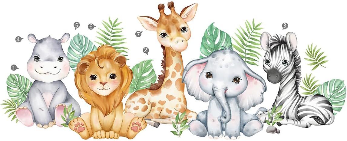 Adhesivo de pared con diseño de animales del bosque, acuarela, selva, elefante, león, cebra, jirafa, bebé, cuarto de niños, sala de juegos,