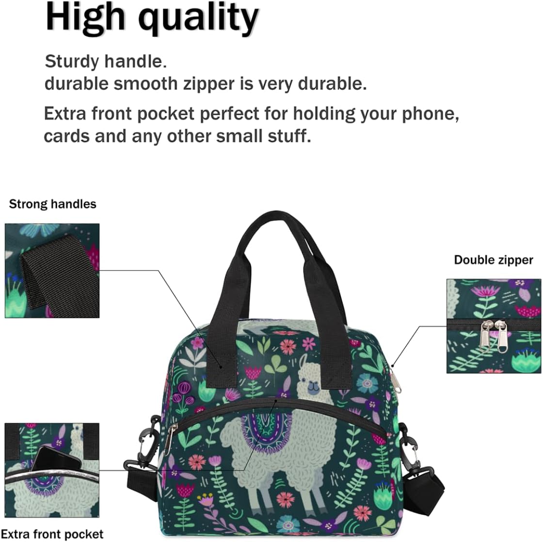 JXDXHCW Lonchera con estampado floral de alpaca, bolsa aisladaenfriadora para mujeres, hombres, niñas, niños, bolsa de almuerzo con correa ajustable