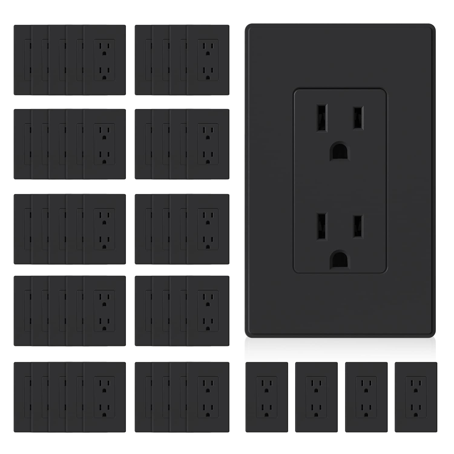 ELEGRP Enchufe eléctrico de pared decorativo estándar negro mate, 15 A, 125 V, 2 polos, 3 cables, no resistente a manipulaciones, NEMA 5-15R,