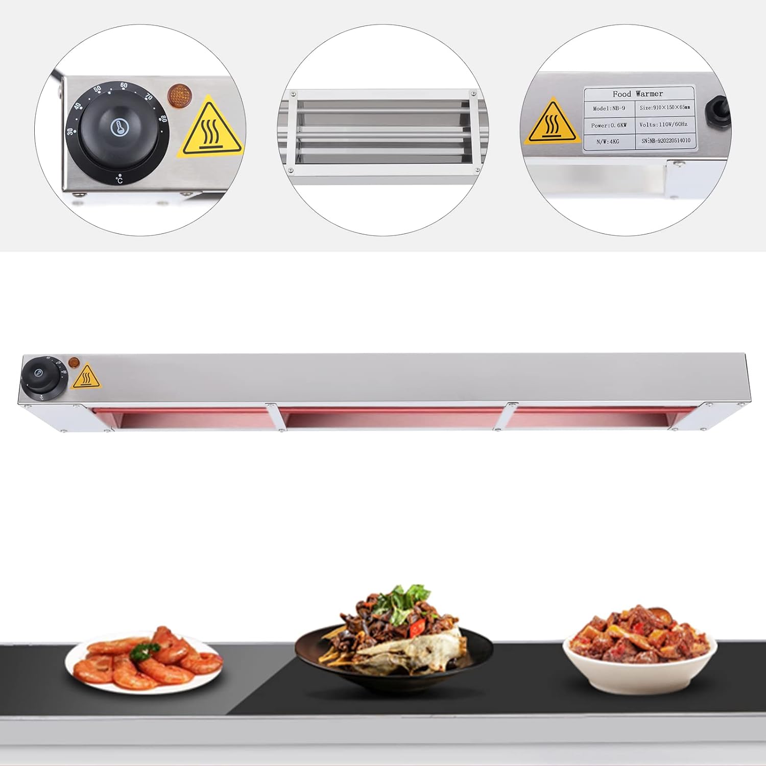 Lámpara de calor de alimentos de 36 pulgadas, calentador de alimentos infrarrojo con control de temperatura y enchufe de seguridad triangular para