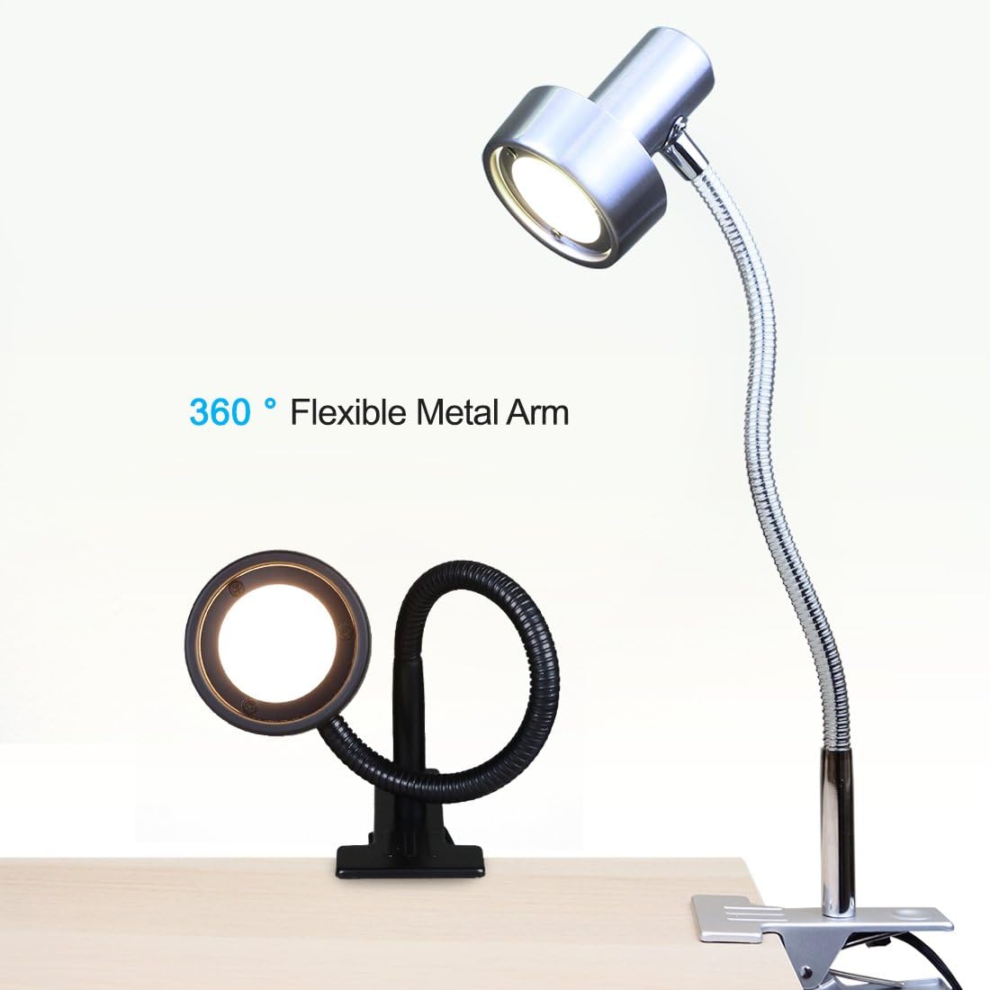 O’Bright Luz LED con clip para cabecera de camaescritorio, lámpara de escritorio LED regulable con abrazadera de metal, LED de 5 W, cuello de cisne