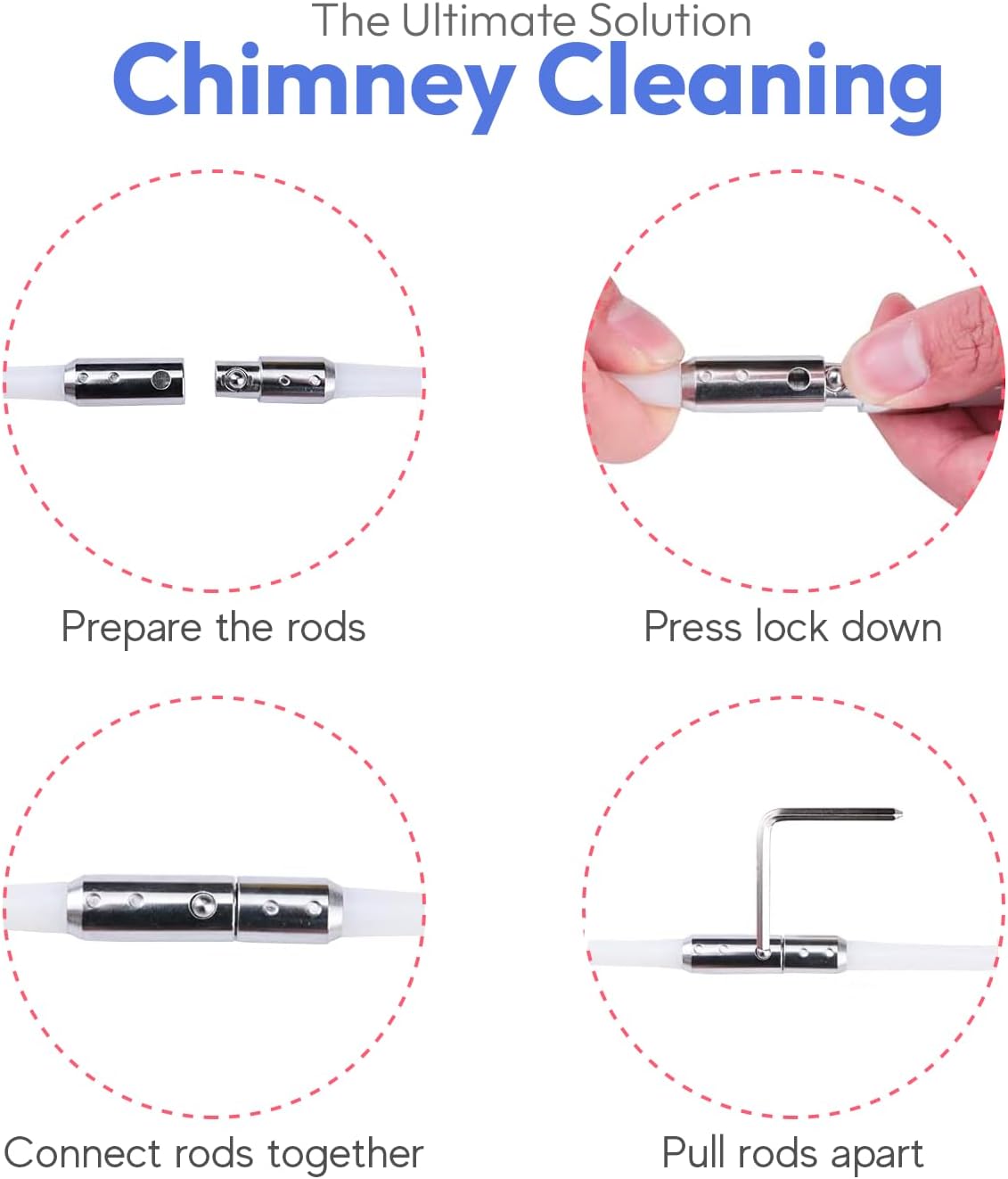Kit de cabezal de cepillo de chimenea de 3 piezas, sistema de bloqueo de botón cromado, herramienta de limpieza de chimenea, con cabezal de cepillo,