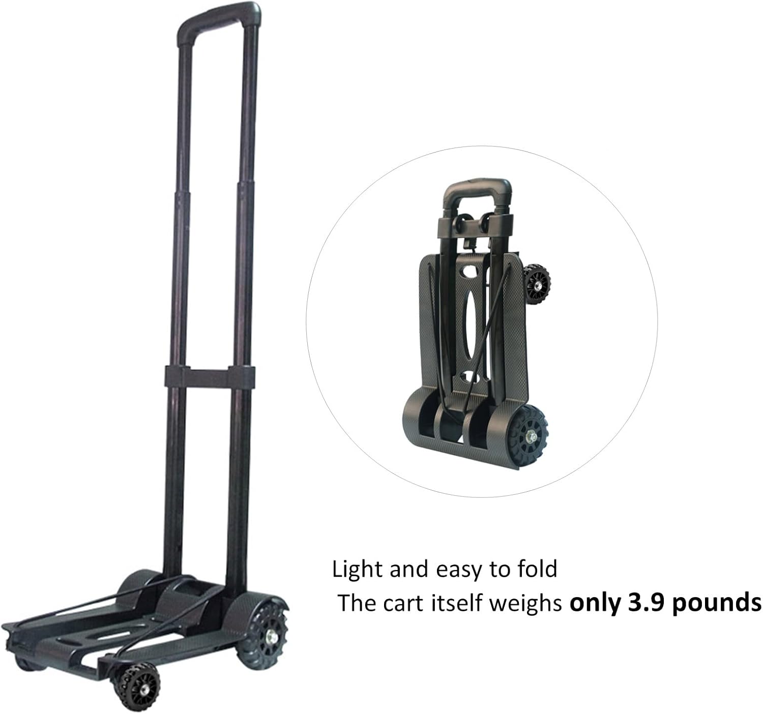 Carro de mano plegable ligero de 4 ruedas, capacidad resistente de 155 libras, carrito de equipaje compacto y portátil para viajes, oficina, compras