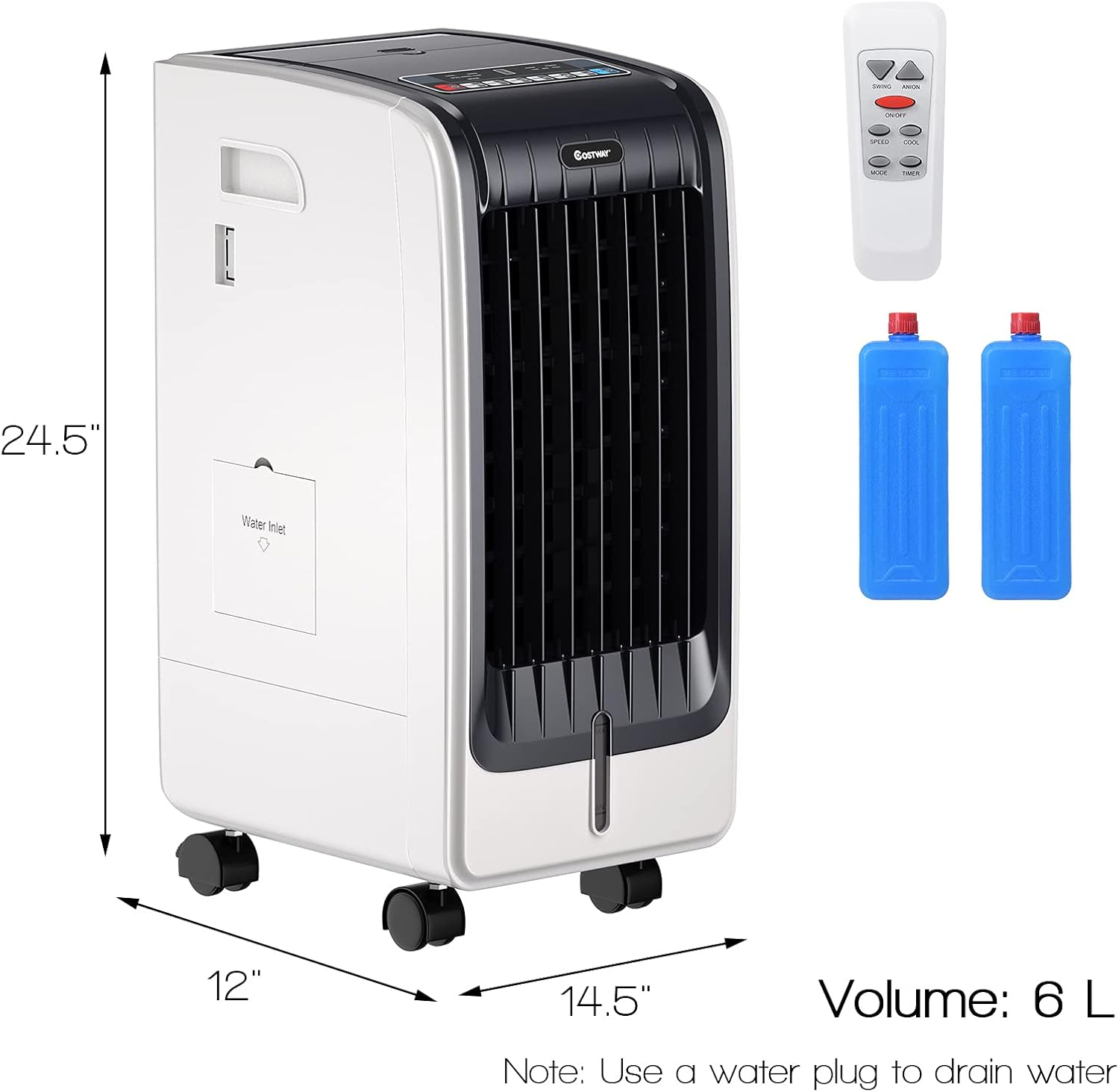 COSTWAY Enfriador de aire evaporativo portátil para habitación, incluye control remoto, 2 paquetes de hielo, ventilador portátil sin aspas con 3