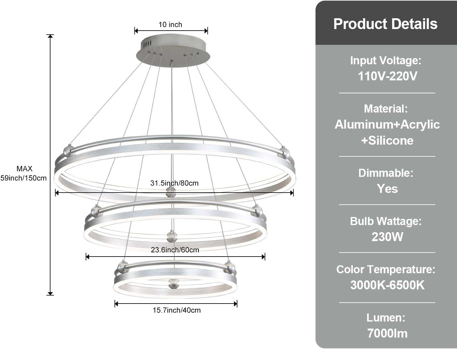 Candelabro LED moderno de 3 anillas, plateado, regulable, 230 W, 3 puntos luminosos, altura ajustable, cables de 59 pulgadas, adecuado para salas de
