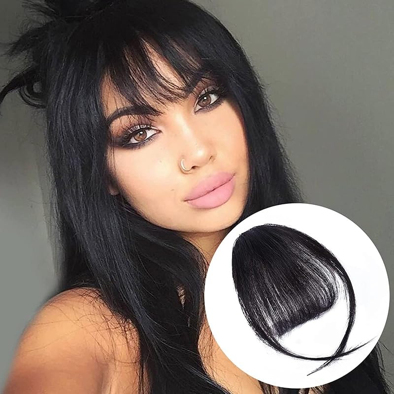 Flequillo con clip de cabello humano real, patillas de flecos, extensión plana y ordenada para mujeres y niñas, accesorios de uso diario (negro,