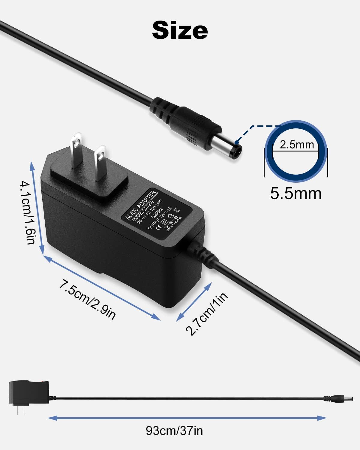 Adaptador de fuente de alimentación DC 12V 1A Adaptador de 12 W ACDC 100-240V 50-60Hz Adaptador de alimentación de CA a CC Transformador de 12 V 1 A