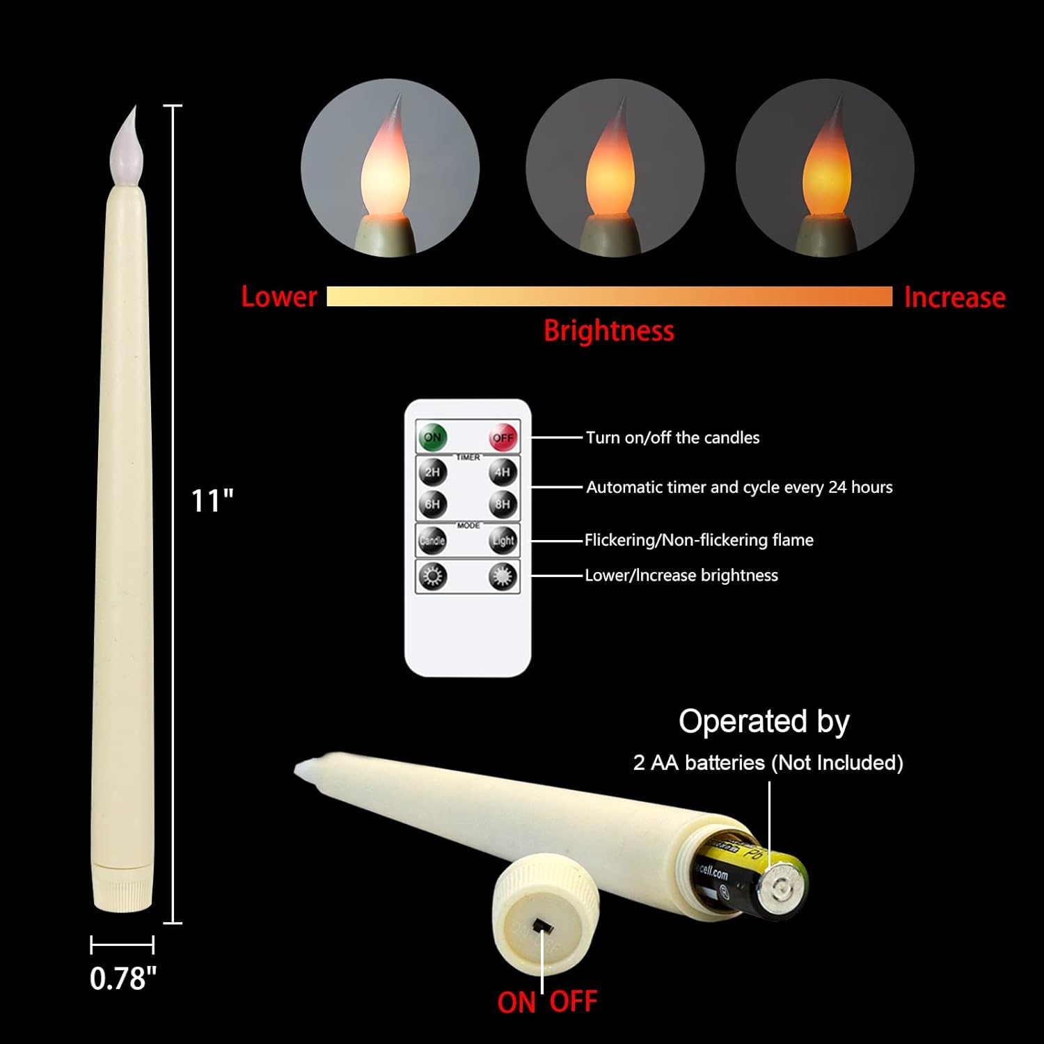 Wondise Velas cónicas parpadeantes sin llama con control remoto y temporizador, velas de 11 pulgadas que funcionan con pilas, velas LED de cera real