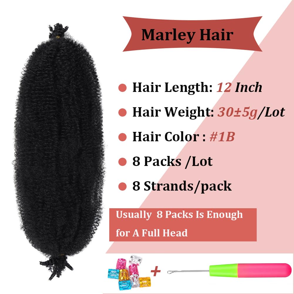 Marley Twist – 8 paquetes de cabello trenzado cubano, cabello Marley para rastas suaves, cabello previamente esponjado, 12 pulgadas, cabello de