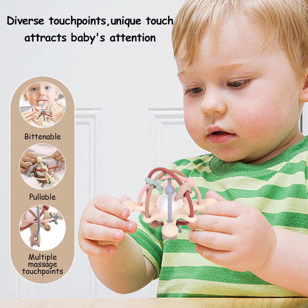 Juguete de dentición de silicona para bebés, bola mordedora sensorial con sonajero para niños de 3-6 a 12 meses, bebés, niños, niñas, suave, sin BPA