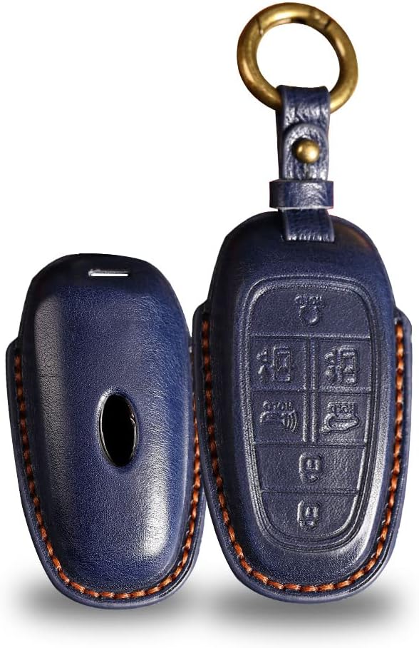 ontto Compatible con Hyundai Sonata Santa Fe Tucson – Funda de cuero para llaves con llavero de protección completa (7 botones, azul), Azul