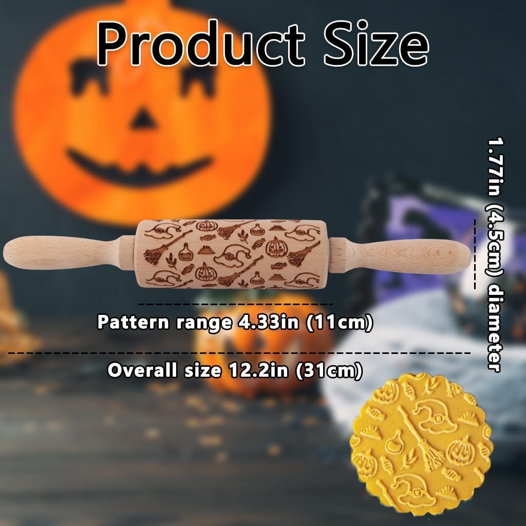 Rodillo en relieve de Halloween para galletas, rodillos de madera, diseños espeluznantes para hornear de Halloween, rodillos de madera en relieve (C)