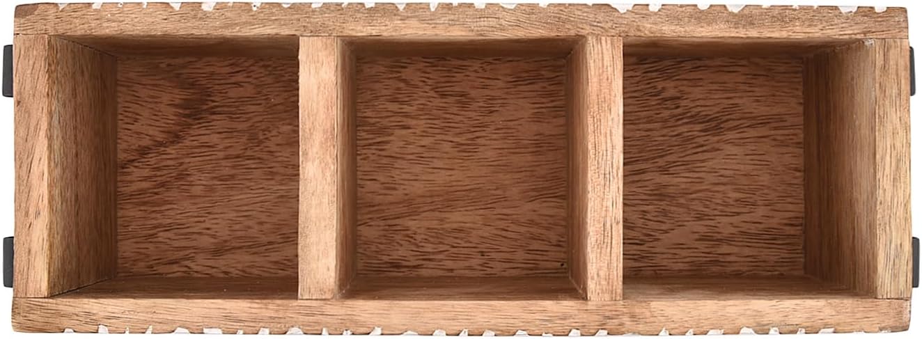 NIRMAN Estante multiusos de madera de mango con 3 compartimentos para cubiertos, servilletas, tazas (11 x 4 x 4.5 pulgadas)