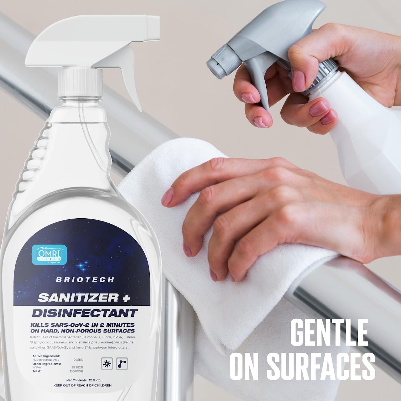 BRIOTECH Desinfectante + desinfectante en aerosol hipocloroso, mata el 99.99% de los virus y bacterias, elimina el olor, lo suficientemente suave
