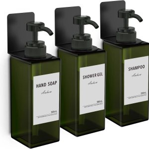 Juego de 3 dispensadores de jabón, dispensador de champú y acondicionador de jabón de manos de 16.9 fl oz, sin taladros, montaje en pared con 12 Juego de 3 dispensadores de jabón, dispensador de champú y acondicionador de jabón de manos de 16.9 fl oz, sin taladros, montaje en pared con 12