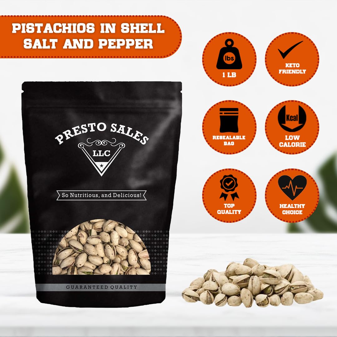 Presto Sales In Shell Pistachios – Sal y pimienta de 16 onzas, pistachos tostados y saborizados de primera calidad, saludables, naturales, veganos,