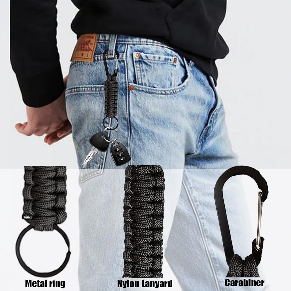 Paquete de 3 mosquetones con correa de paracaídas, gancho de metal negro para llavero – Clip de llavero con bloqueo en D para llaves, mochila,