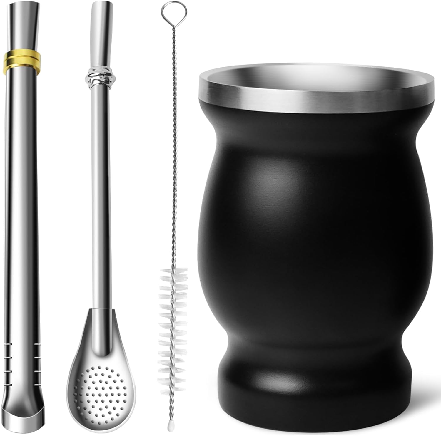 Artcome Juego de 4 tazas de yerba mate de acero inoxidable  1 taza mate de acero inoxidable de doble pared de 8.5 onzas (negro), 2 bombillas (paja