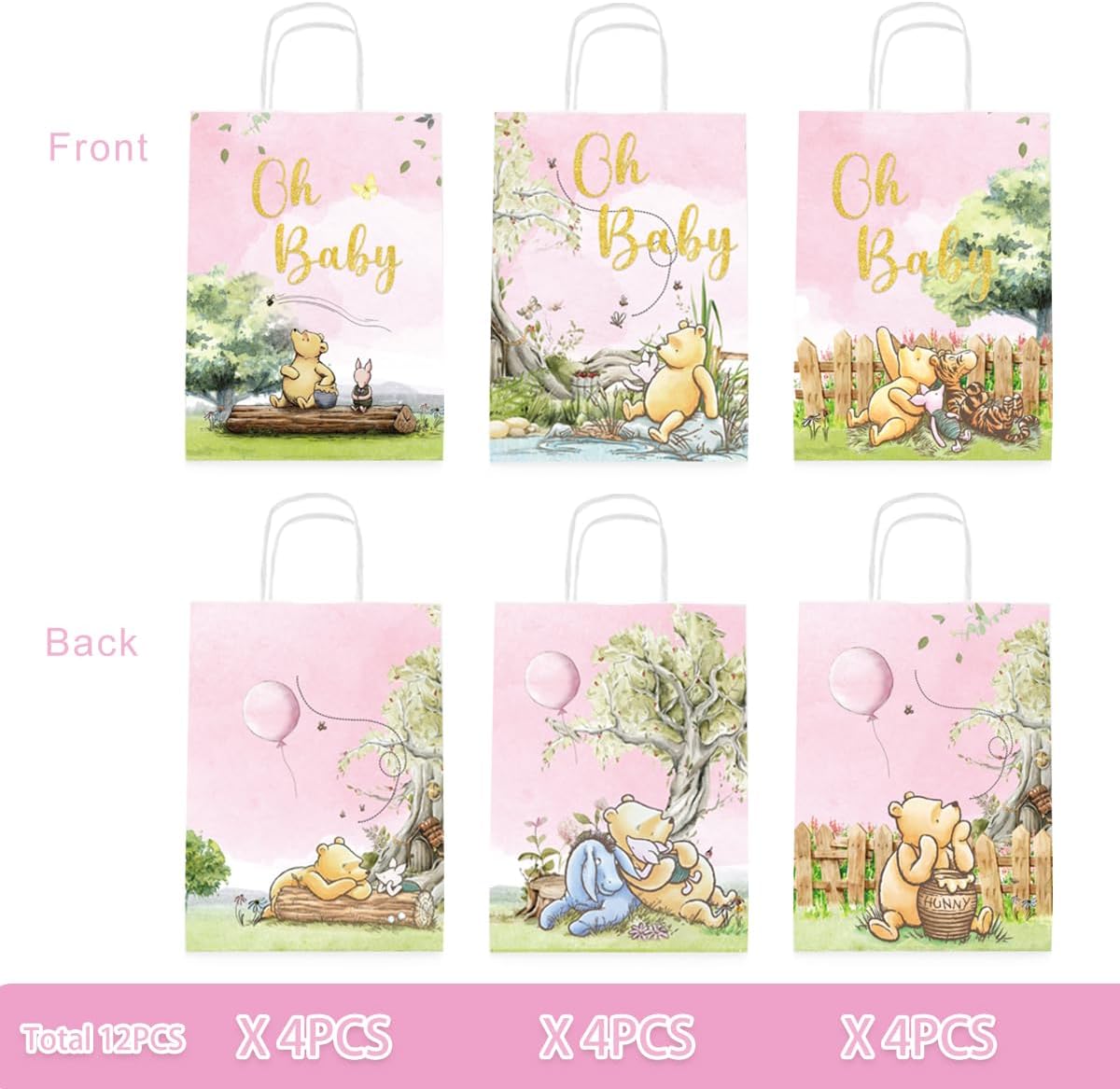 Alohafall Juego de bolsas de regalo clásicas de Winnie para niña, baby shower, recién nacidos, niños, primera fiesta, 12 bolsas de papel con asa