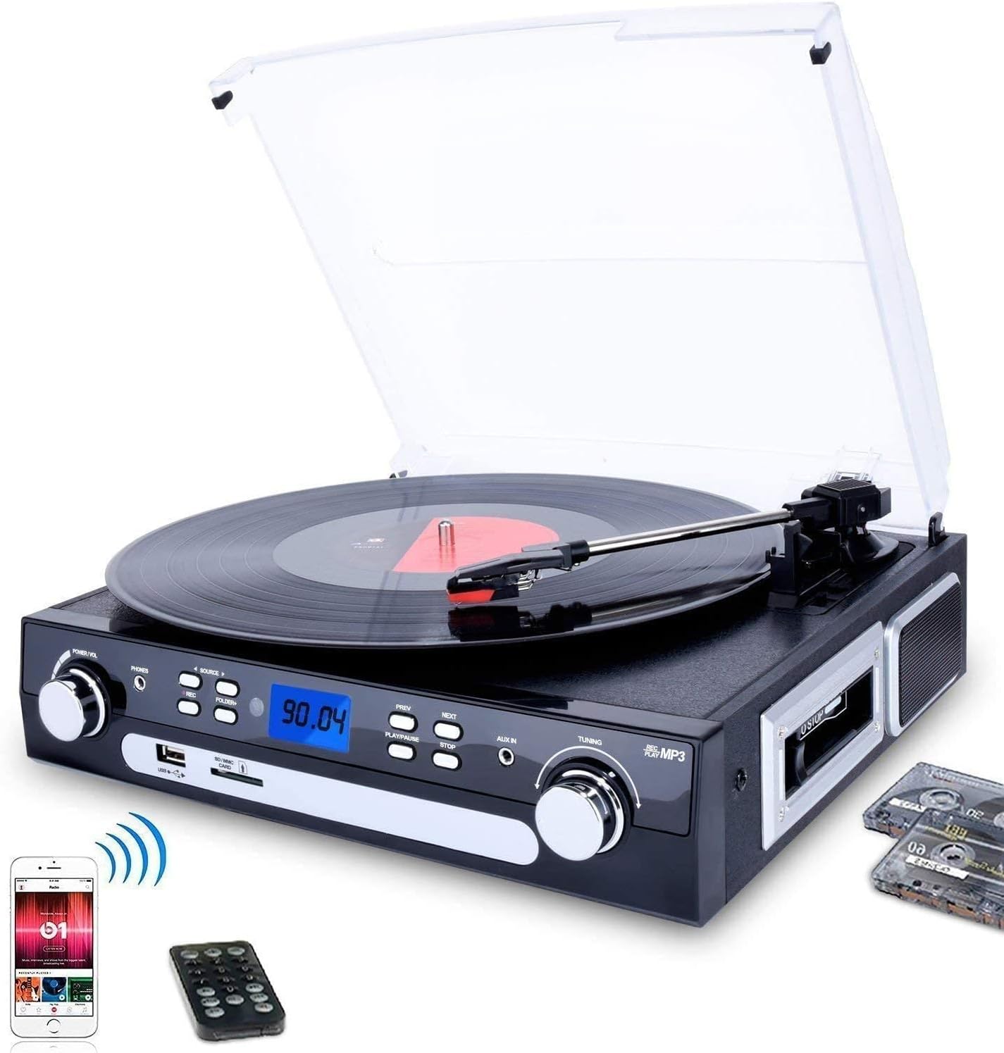 DIGITNOW Tocadiscos Bluetooth con altavoces estéreo, tocadiscos para vinilo a MP3 con reproducción de cassette, radio AMFM, control remoto,