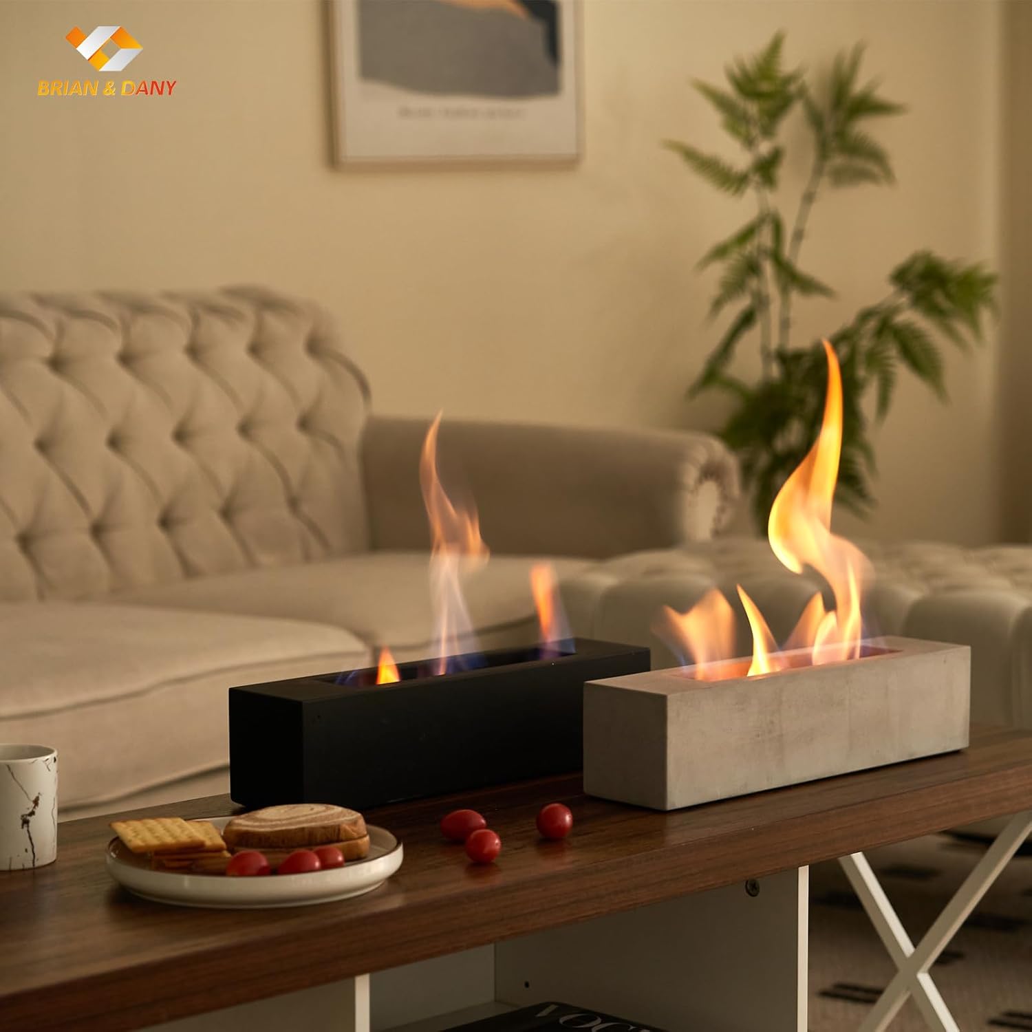 BRIAN & DANY Hoguera de mesa, hoguera de mesa de hormigón para interiores y exteriores, chimenea de mesa rectangular grande de etanol, color negro