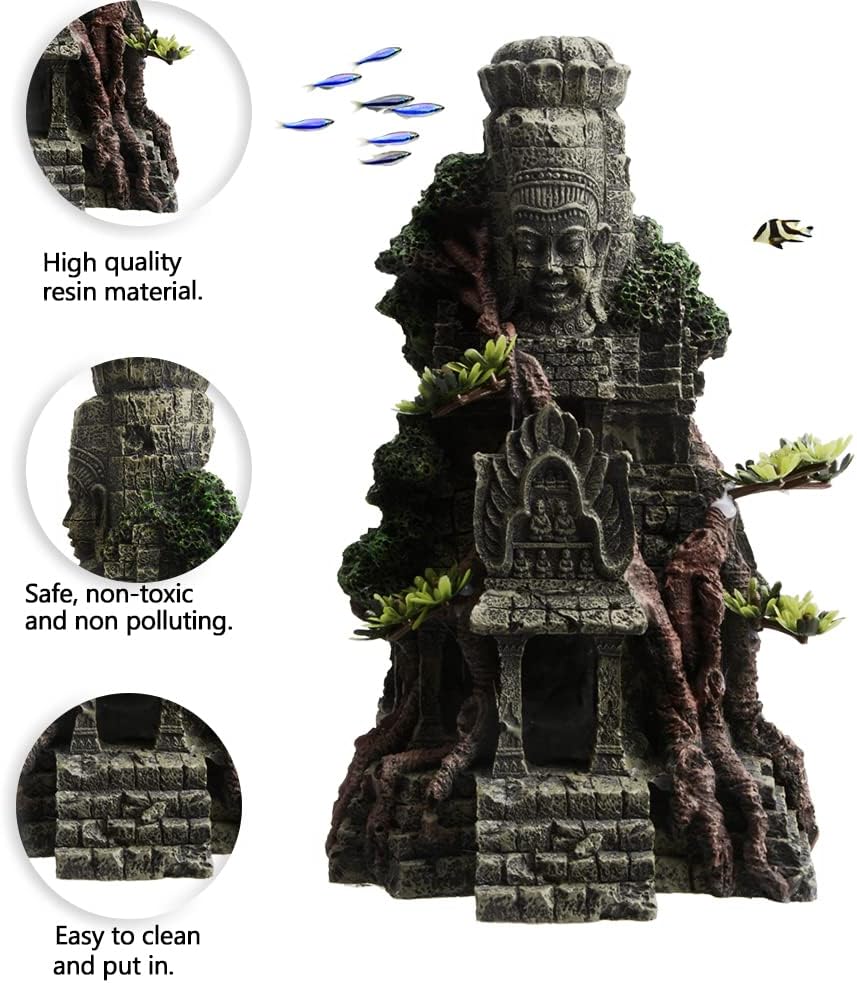 Saim Decoración de templo de estatua de Buda de Angkor Wat, decoración de acuario de Buda para pecera, estatua de Buda grande con adorno de árbol,
