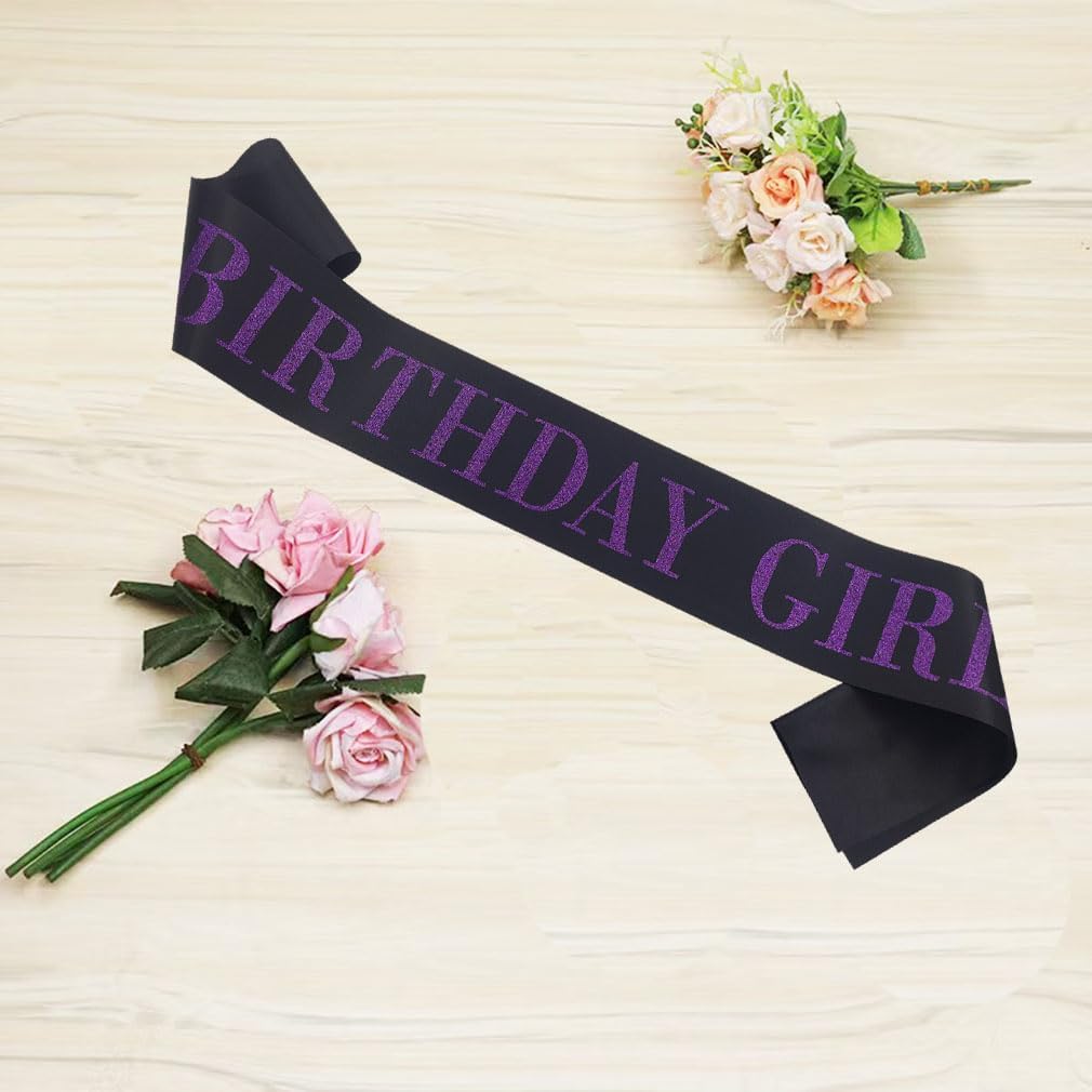 Banda de cumpleaños para mujer, banda de satén negro con purpurina morada, decoraciones de fiesta de princesa de feliz cumpleaños, suministros de