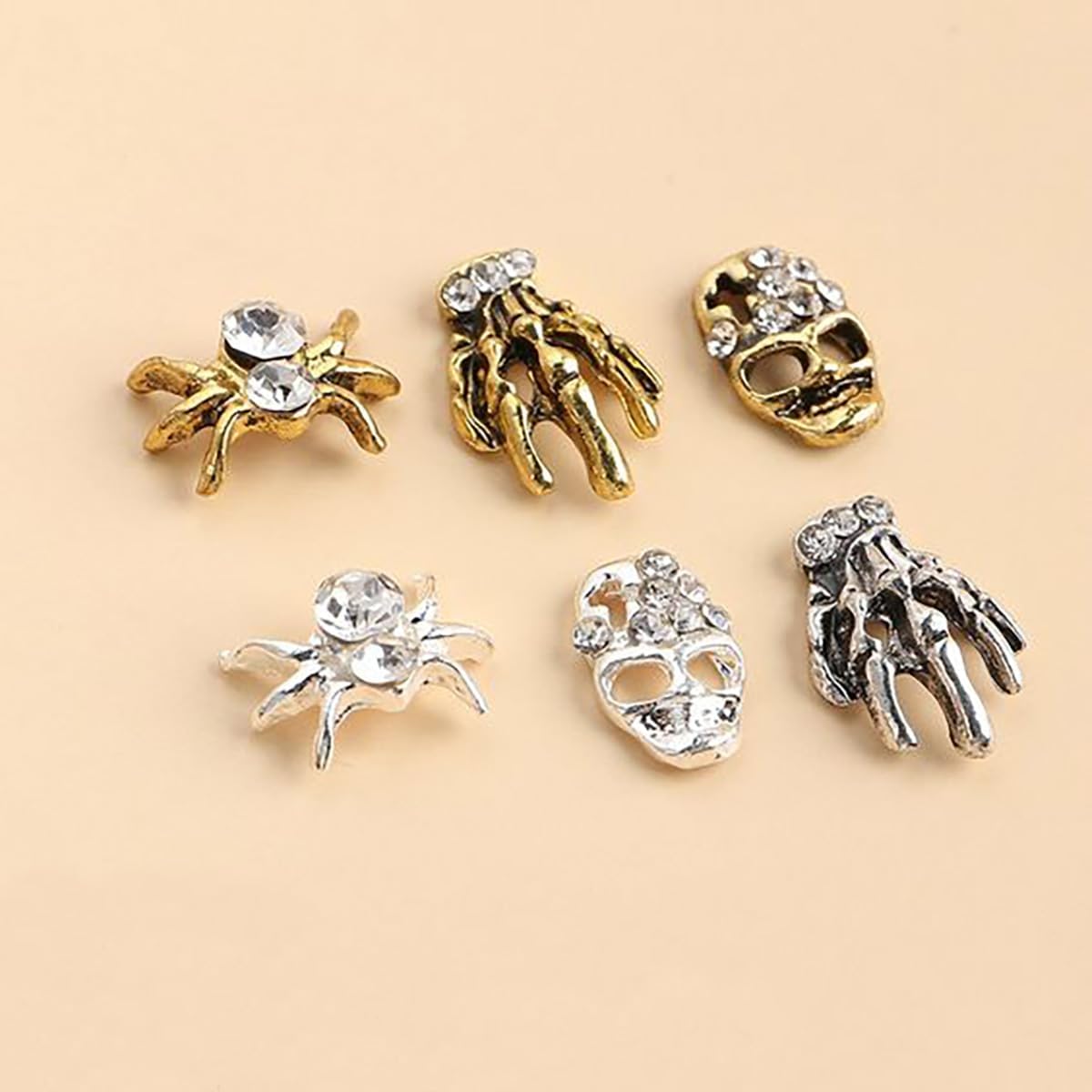 20 dijes de uñas de Halloween 3D dorado y plateado para uñas, diamantes de imitación góticos de calavera esqueleto, mano, araña, joyería de uñas,