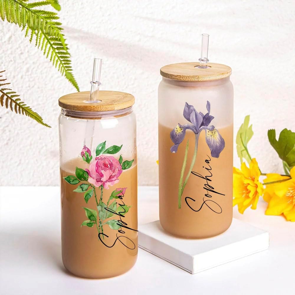 Vaso personalizado con nombre, regalo para ella, vaso delgado de 20 onzas, vaso de vidrio personalizado con nombre floral, vaso de dama de honor,