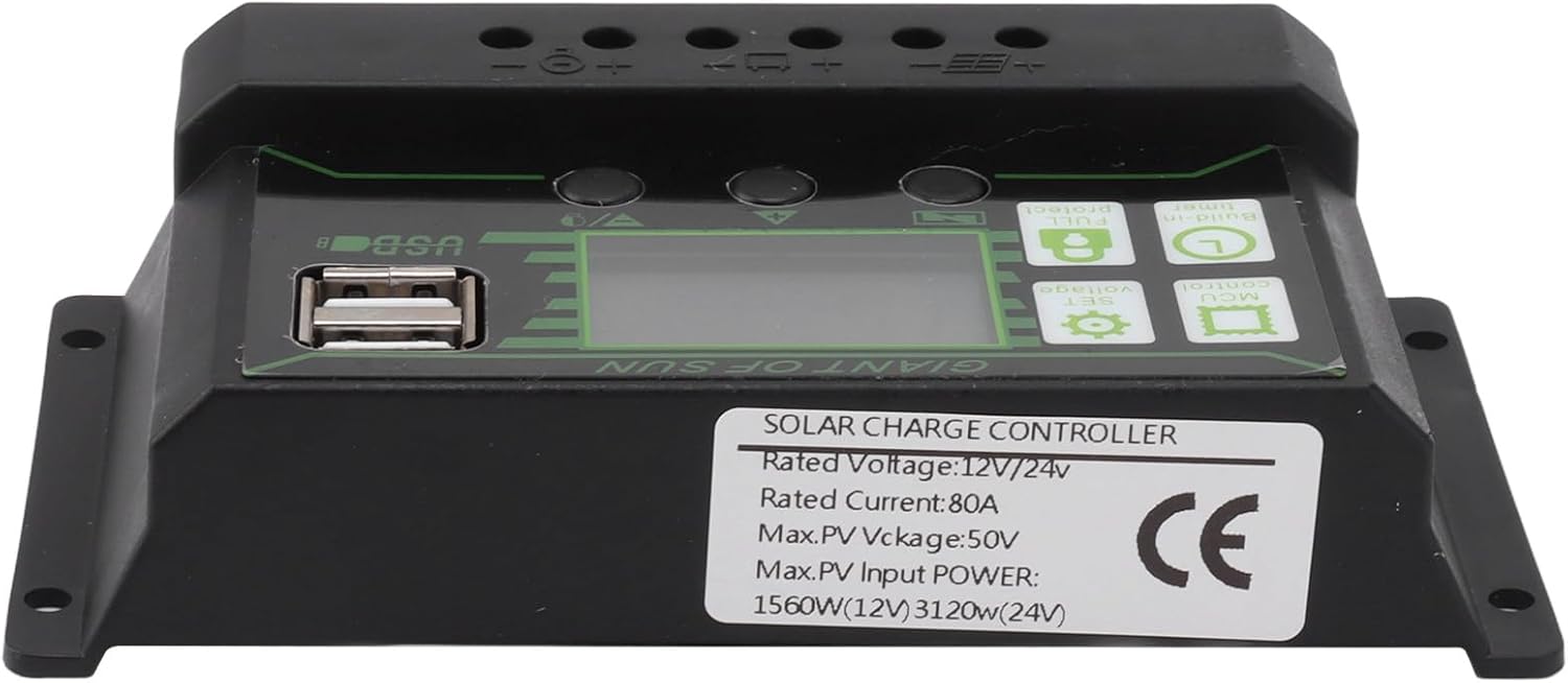 Controlador de carga solar, controlador de energía ABS 5V con doble puerto USB, regulador PWM inteligente para paneles solares (80A)