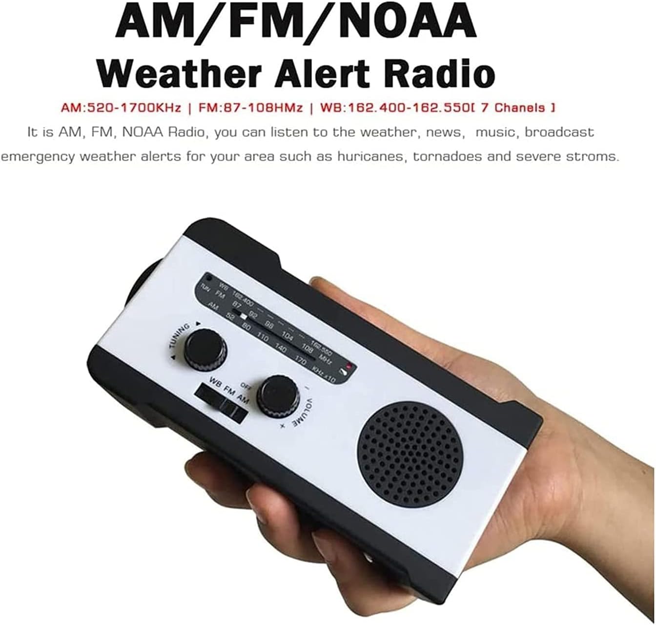 NOAA – Radio meteorológica portátil de emergencia con manivela, 3 linternas LED, sensor de movimiento, lámpara de lectura, alarma SOS, batería