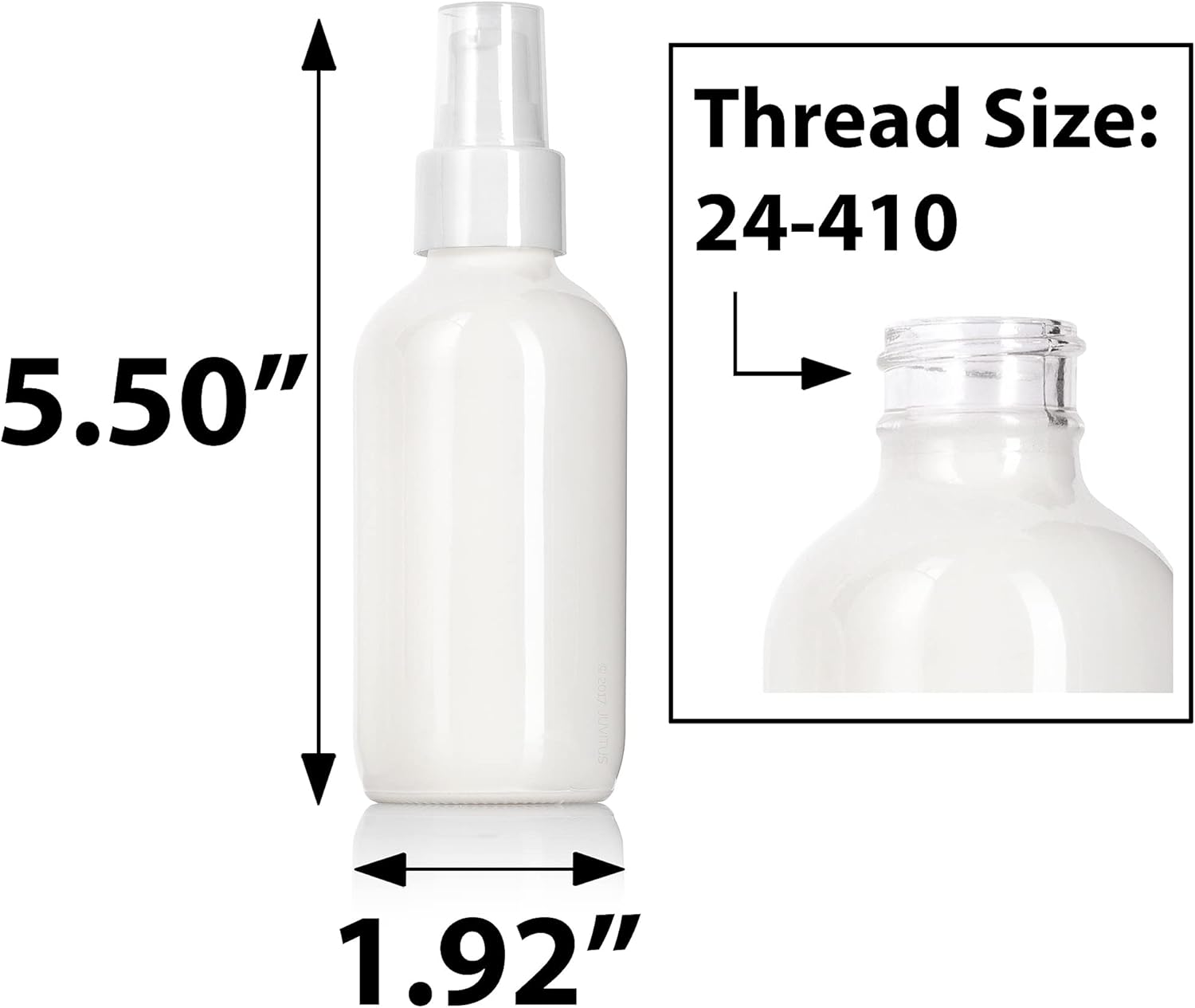 JUVITUS Botella redonda Boston de vidrio blanco brillante de 4 onzas  4.1 fl oz con bomba de tratamiento blanca, sin BPA, contenedores de