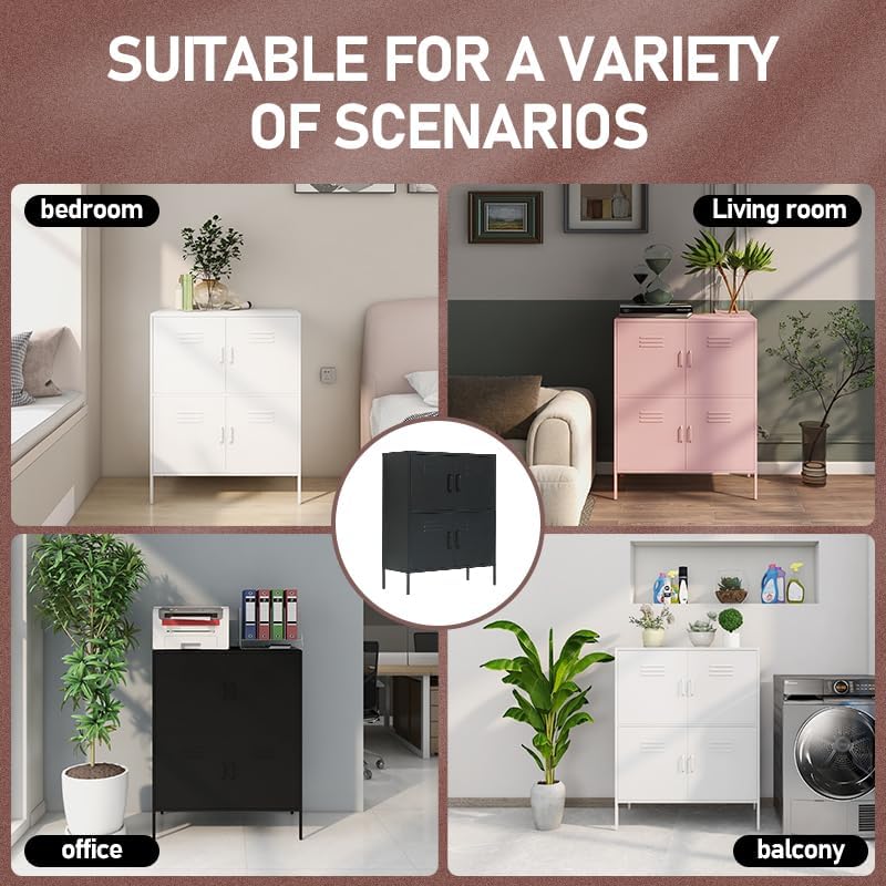 Armario de almacenamiento de metal de 4 puertas para dormitorio, sala de estar, hogar, hotel, oficina, garaje, cocina, estantes ajustables y pies de