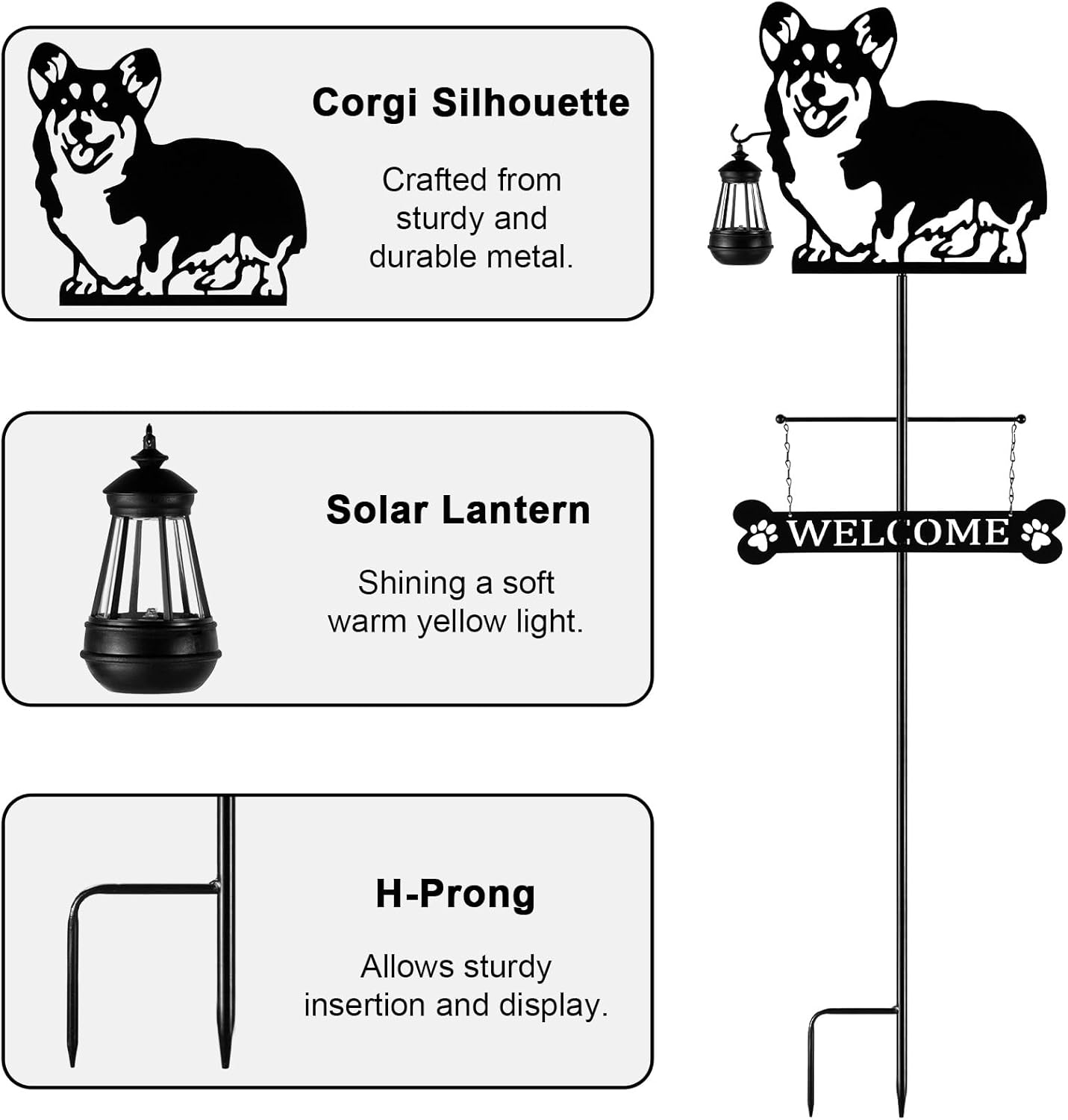 Letrero de bienvenida de perro con silueta solar de 51 pulgadas con linterna, decoración de Corgi para exteriores, para jardín, patio, césped,