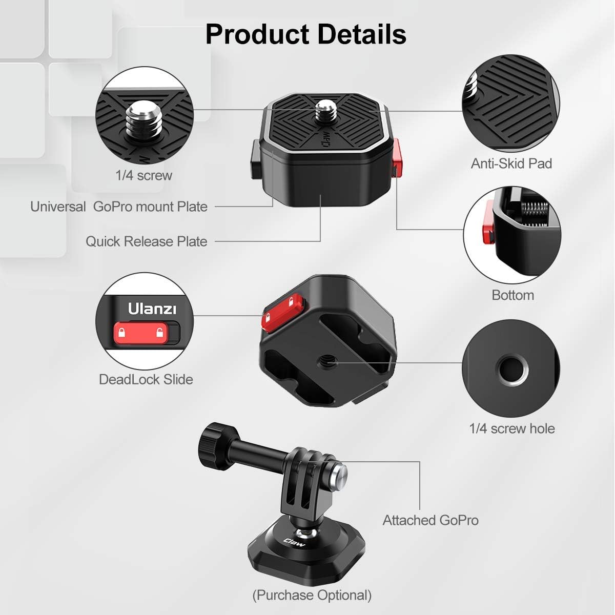 Ulanzi Claw Adaptador de montaje de cámara QR para trípode de placa de liberación rápida, kit de configuración rápida con tornillo de 6.35 mm para