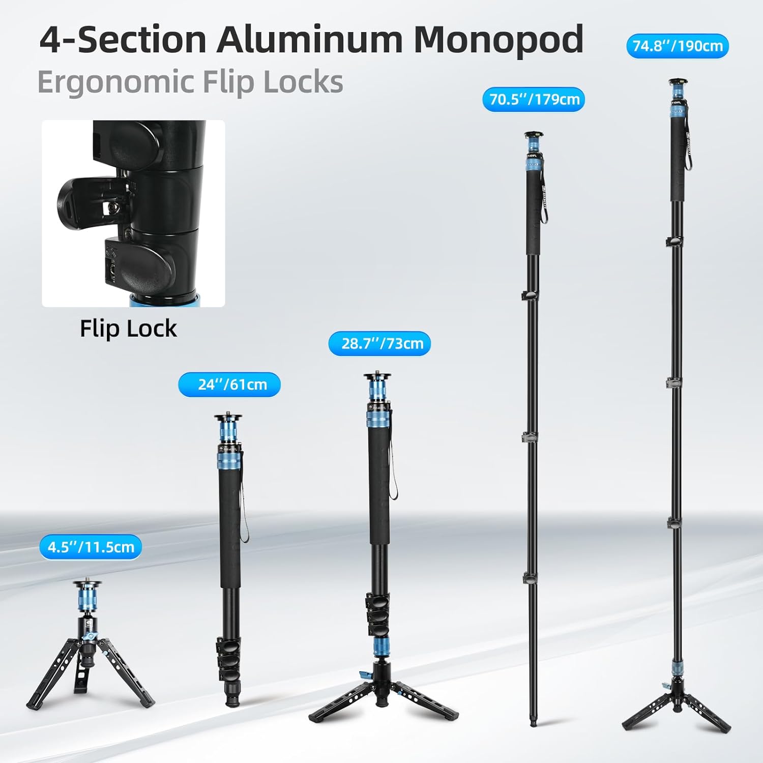 SIRUI AM-404FL Monopod para cámara con pies, monopie de video de viaje de aluminio de 74.8 pulgadas con base extraíble, delgado y ligero, carga