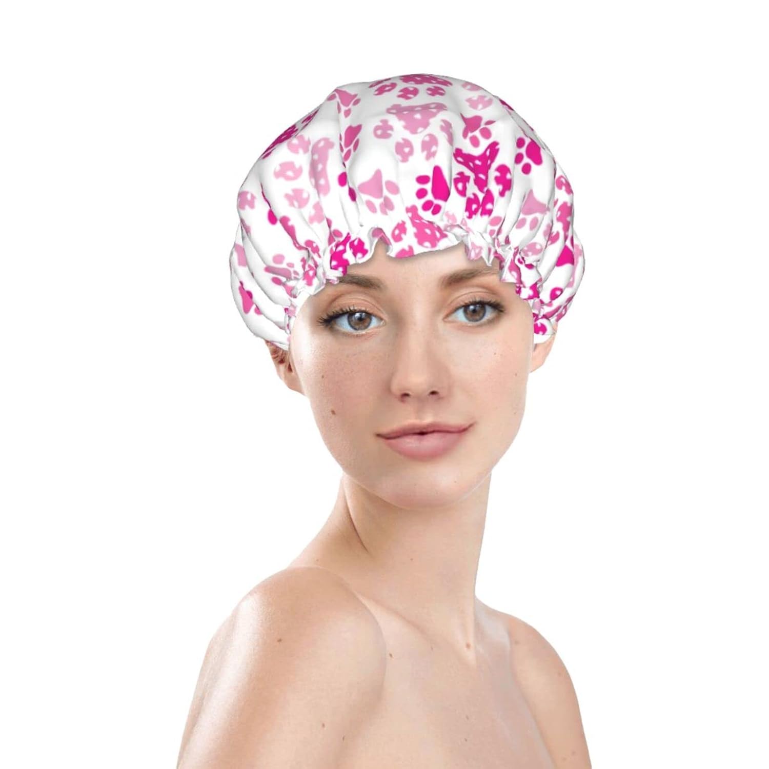Gorro de ducha con estampado de pata de perro, color rosa, ajustable, doble capa impermeable, sombrero de ducha para baño, protección para el