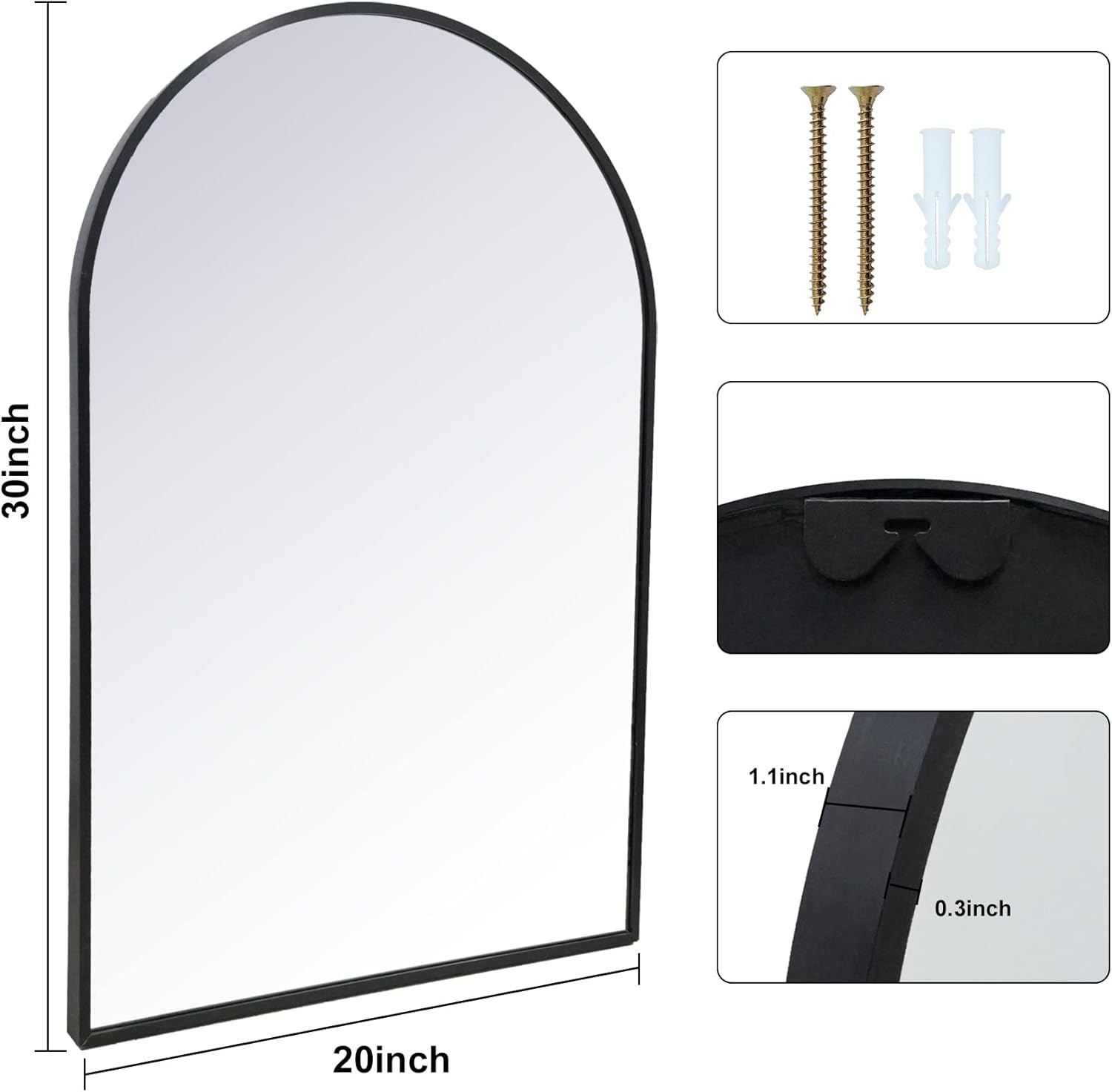 Espejo de pared arqueado de 20 x 30 pulgadas, espejo de baño arqueado negro, espejo arqueado para decoración de tocador con marco de metal, espejo
