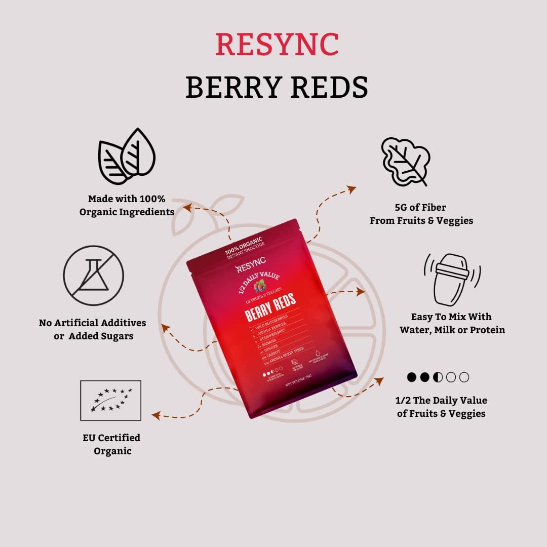 RESYNC Batido instantáneo 100% orgánico  Reds Superfood Smoothie Powder,  DV de frutas y verduras con 0.18 oz de fibra por bolsa, a base de plantas,